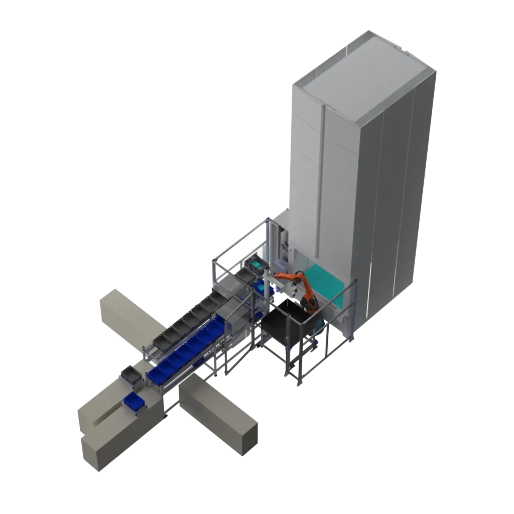Automatisiertes Kleinteilelager mit Vertikalregal für effiziente Lagerprozesse Automatisiertes Kleinteilelager mit Vertikalregal: effizienter, platzsparender Materialfluss durch Roboter und intelligente Lagertechnik.