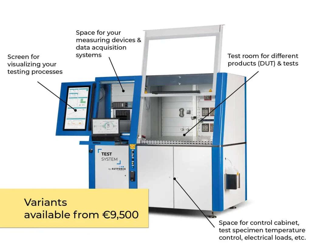 Ready to use: CE-compliant test bench housing – safe, modular base housing for test and measurement setups, for quick implementation of ready-to-use test benches. CE-compliant test bench housing – fully assembled machine housing as a standard-compliant basic system for individual configuration with testing and measurement technology.