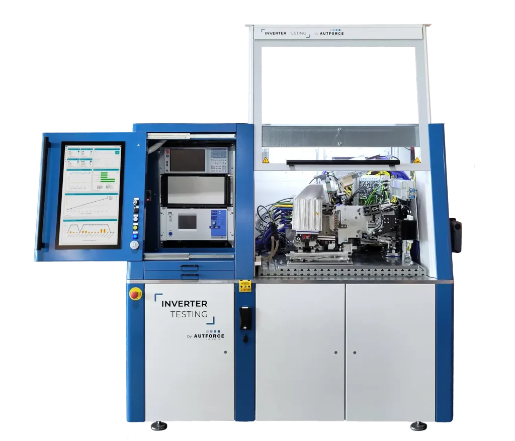 Semi-automatic e-mobility inverter auxiliary test bench for end-of-line testing of a 6-phase 48 V inverter, with manual loading and automatic test sequences for insulation, communication, hardware, and functional testing.