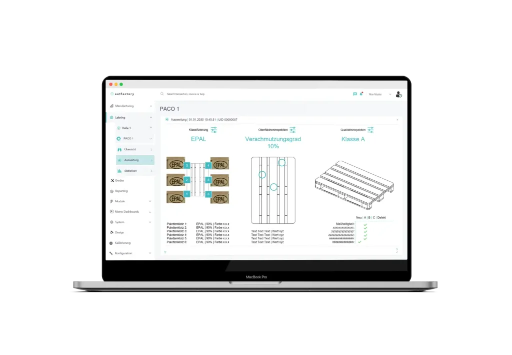 autfactory Dashboard: Alle Sortierdaten der Palettensortieranlage live im Blick Screenshot des autfactory Dashboards einer Palettensortieranlage. Das Dashboard zeigt Live-Sortierdaten wie Sortierleistung, Güteklassenanteile, Fehlklassifizierungen und Trends zur Prozessoptimierung in Echtzeit.