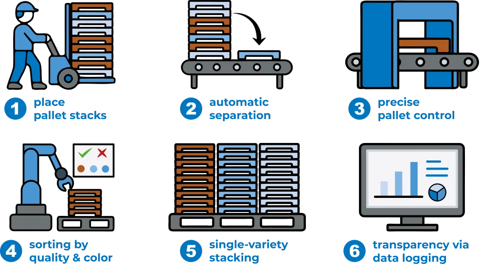 Process flow of the AUTFORCE pallet sorting system Check EPAL pallets for quality and detect damage: with a pallet inspection from AUTFORCE.
Simple in 6 steps: load pallet stacks, automatic separation of pallets, check pallets for desired criteria, sorting by quality & color, stacking by type, transparency through data logging.