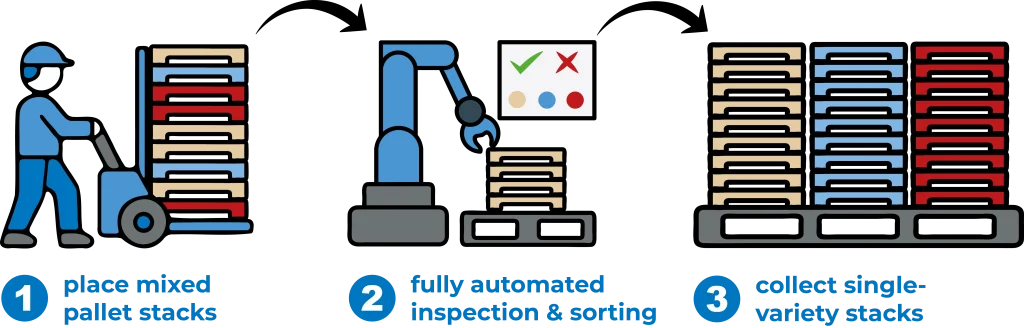 Check and sort pallets in three simple steps. 1. Load mixed stacks of empty pallets using a pallet truck or forklift. 2. Automated pallet inspection, including sorting by quality and color. 3. collect single-variety stacks    