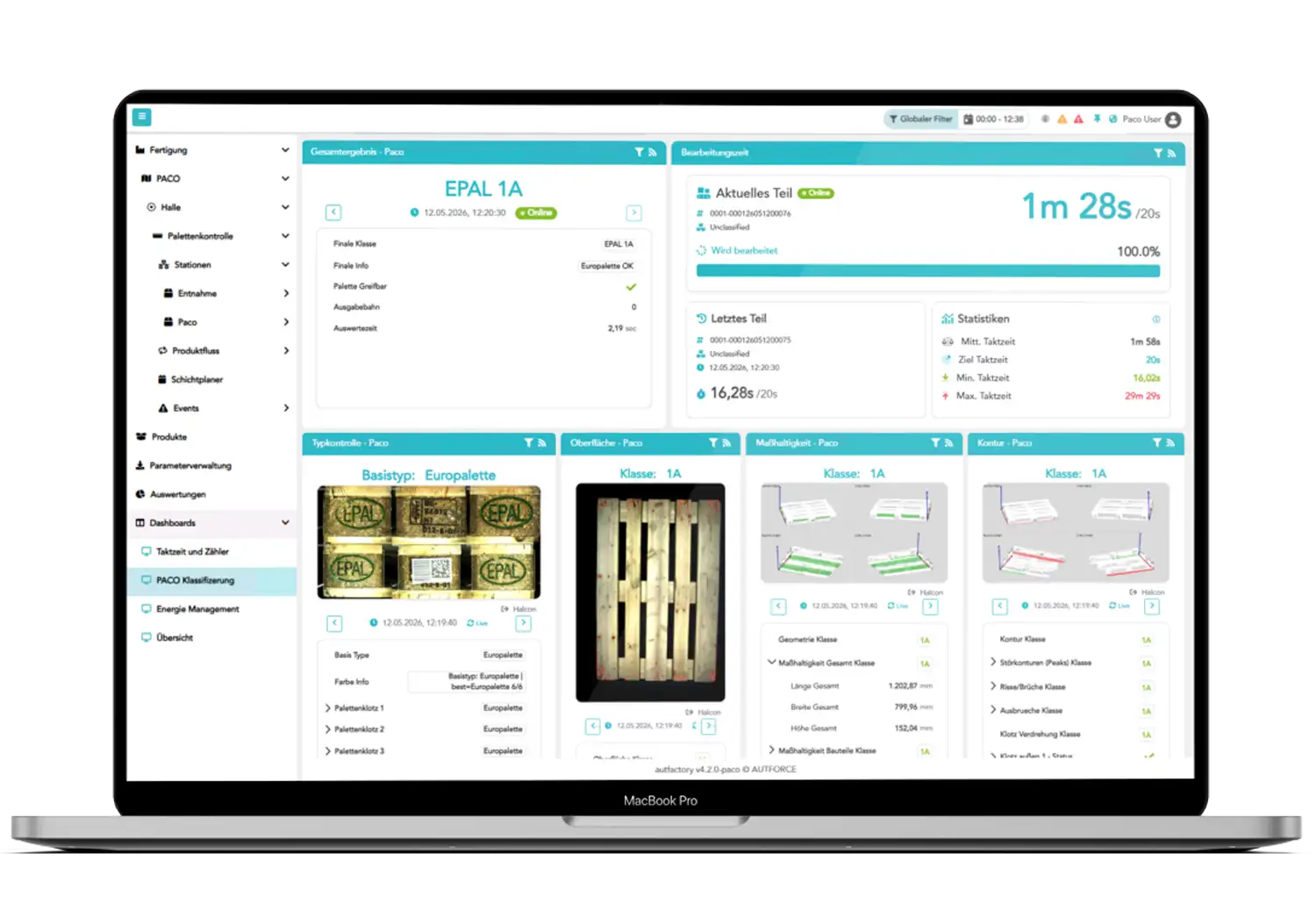 autfactory Dashboard zur Klassifizierung einer Leerpalette. Die Paletten werden nach Typ, Oberfläche, Maßhaltigkeit und Kontur geprüft und sortiert.